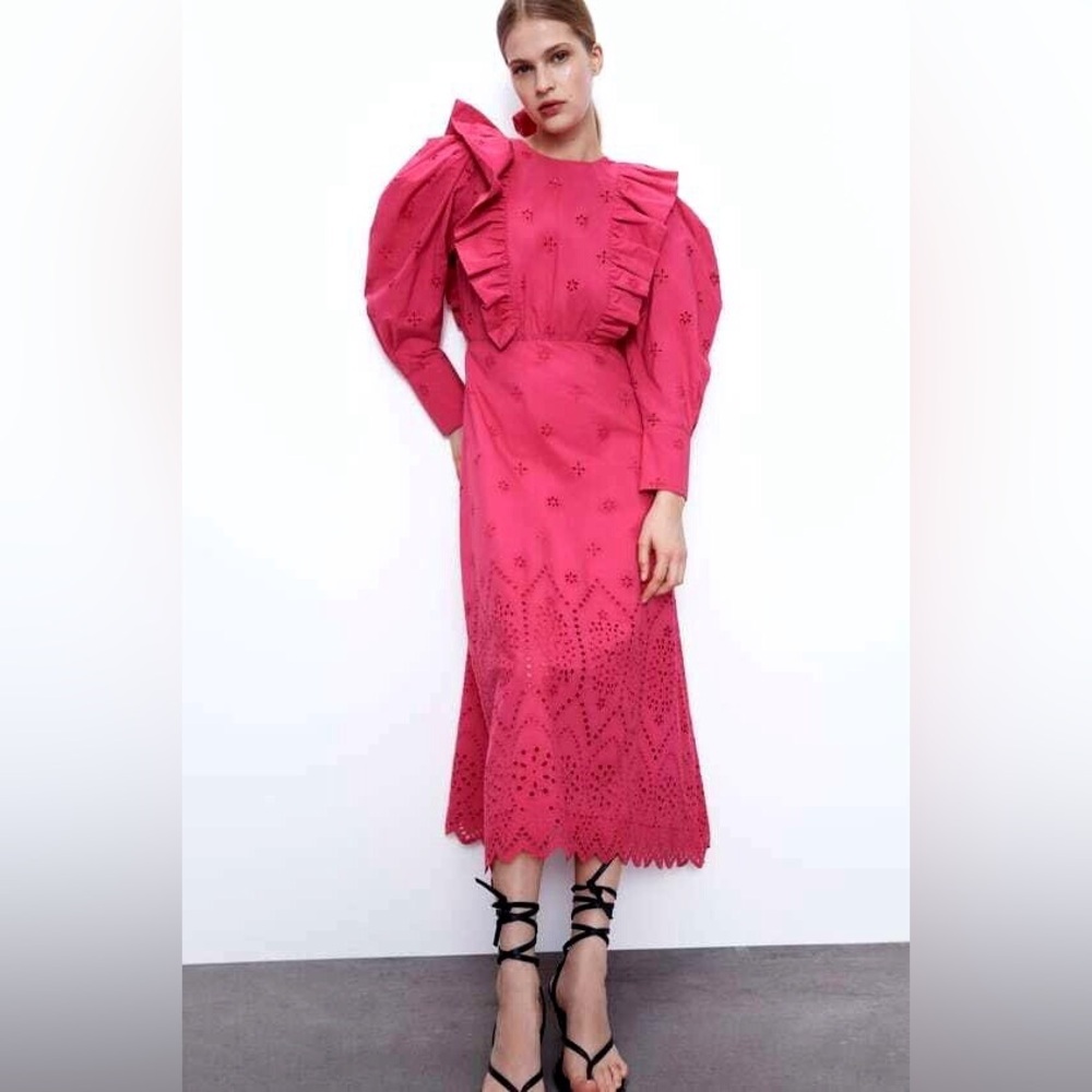 NWOT Zara Eyelet Cotton Embroidery Long puff sleeve Ruffle Cutwork vibrant Dress